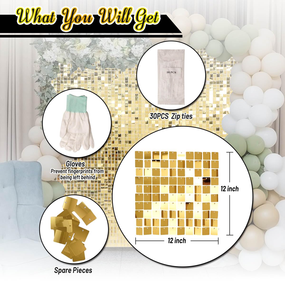 Kate Square Light Gold Sequin Wall Panels Shimmer Wall Birthday Party Backdrop Decorations (Pack of 12)