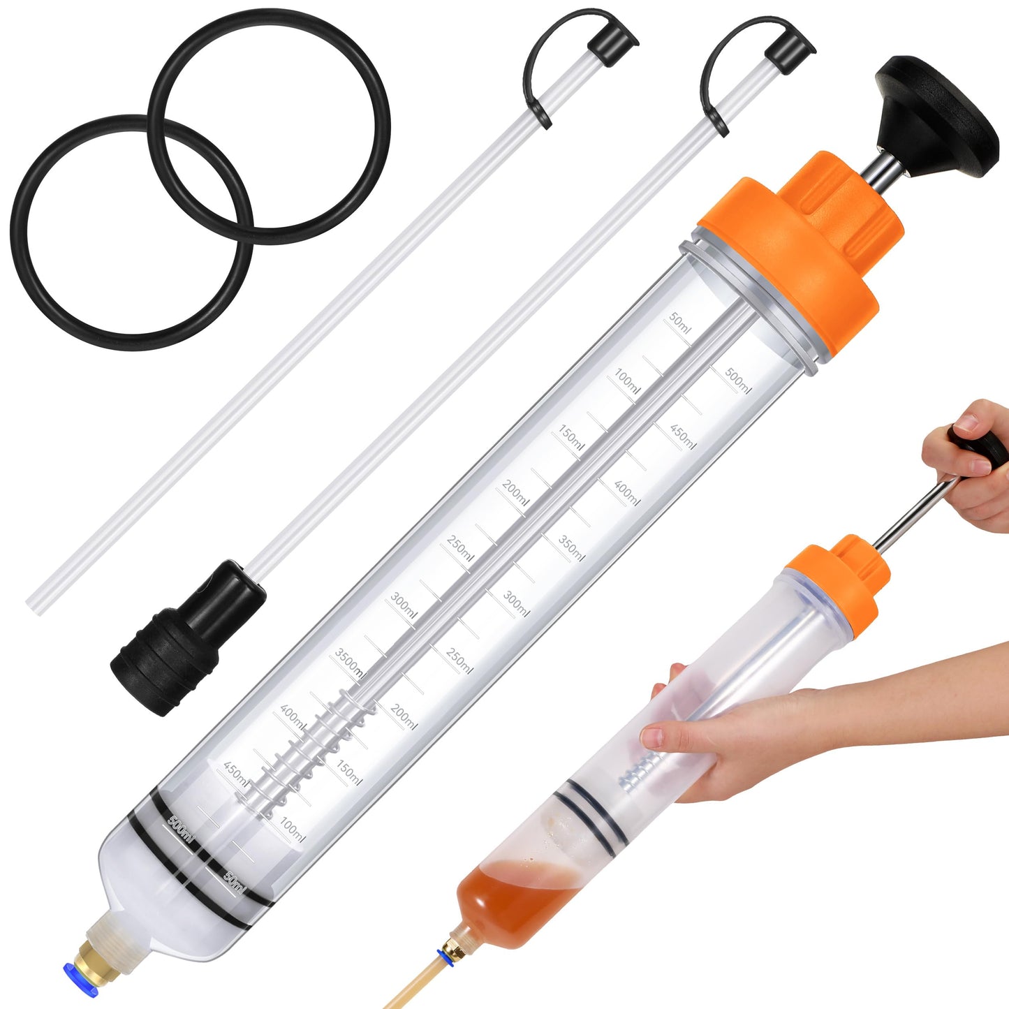 Gisafai 500cc Fluid Extractor Automotive Pump Manual Oil Extractor Pump Syringe for Gasoline Hand Cleaner for Power Steering, Hydraulic Fluid(Orange)