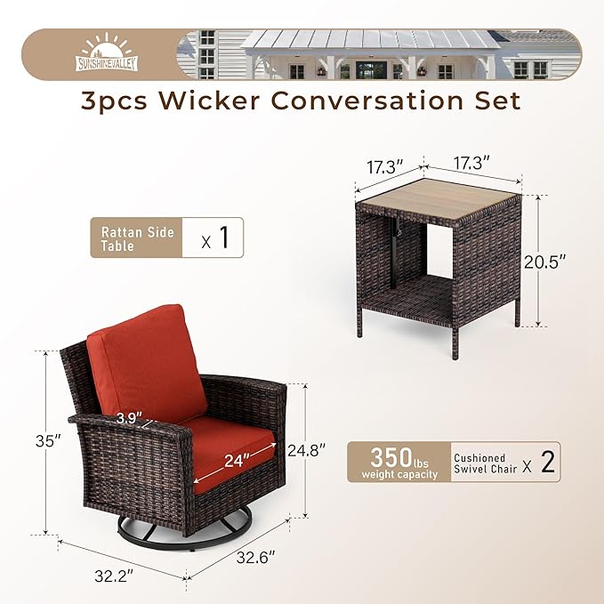 SUNSHINE VALLEY Patio Wicker Swivel Chairs Set of 2, Outdoor High Back Chairs with 5.5" Waterproof Cushions and Side Table, Outdoor Furniture Set for Deck Porch and Yard, Peacock Blue