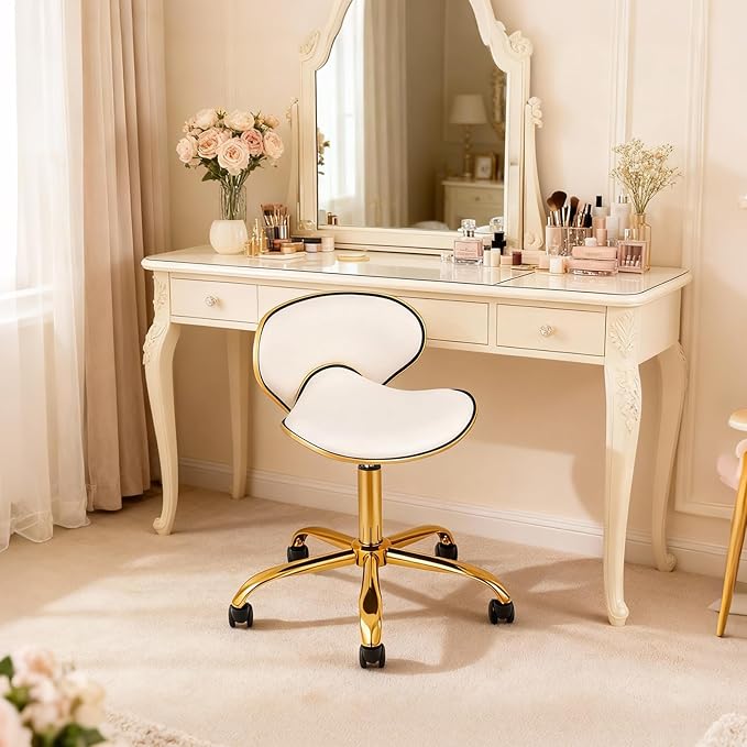 Adjustable Rolling Stool with Backrest, Nail Tech Chair for Salon, Lash, Nail Tech and Hair Stylist, Facial Massage Tattoo Stool with Wheels-White