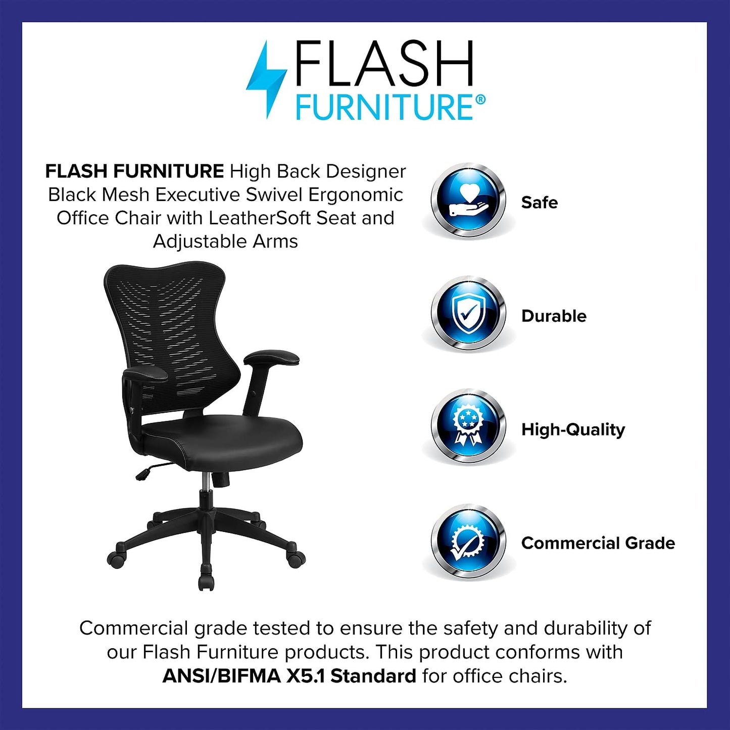 Flash Furniture Kale High Back Designer Black Mesh Executive Swivel Ergonomic Office Chair with LeatherSoft Seat and Adjustable Arms