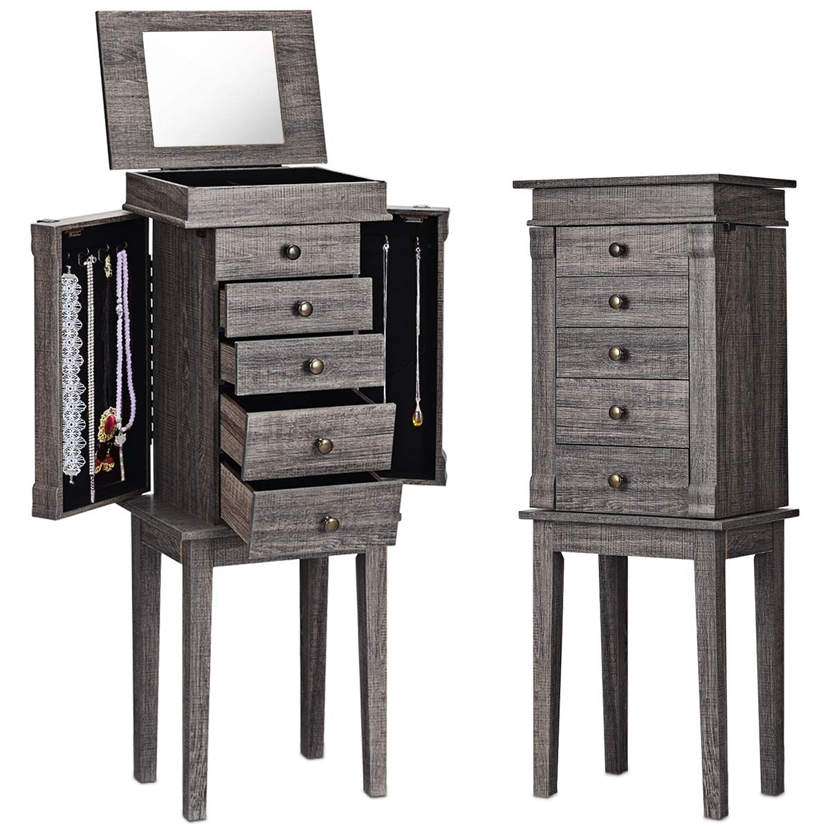 OFFICEJOY Standing Jewelry Armoire Cabinet w/Top Flip Mirror, 5 Drawers, 2 Doors, 8 Necklace Hooks, Jewelry Storage Chest Organizer for Earrings Necklaces Bracelets, Make Up, Girls Women Gift (Gray)