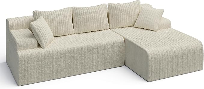 LAUSAINT HOME 96" Modular Sectional Sofa Couches, L-Shaped Boneless Cloud Sofa with 3 Deep Seat, 5 Cushiones Oversized Chaise for Living Room, Bedroom, Plush Corduroy Fabric (Right, Beige)