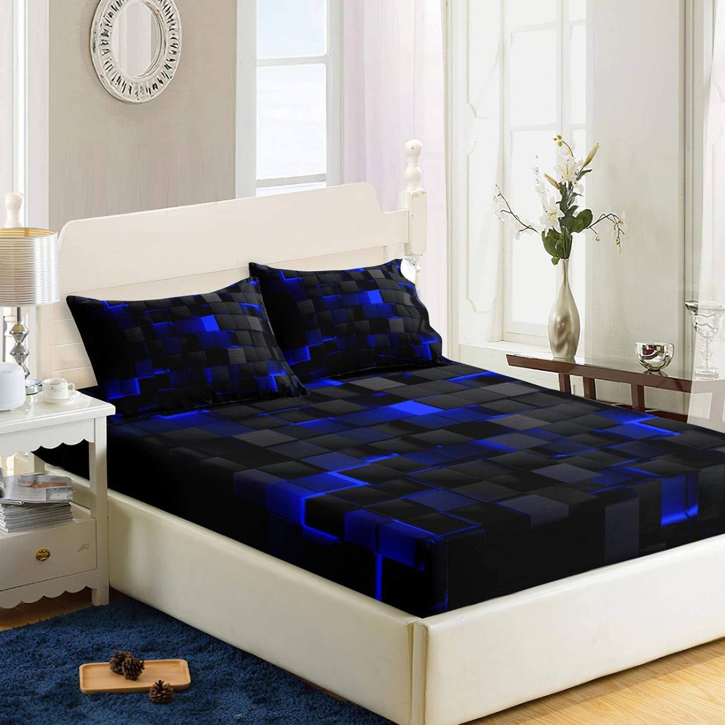 Soft Bedding Fitted Sheet Full Size,Geometric Blue Black Microfiber Fitted Sheet with 16" Deep Pockets Fitted Sheet Room Decor,Bed Sheets & 2 Pillowcases for Kids Boys and Girls