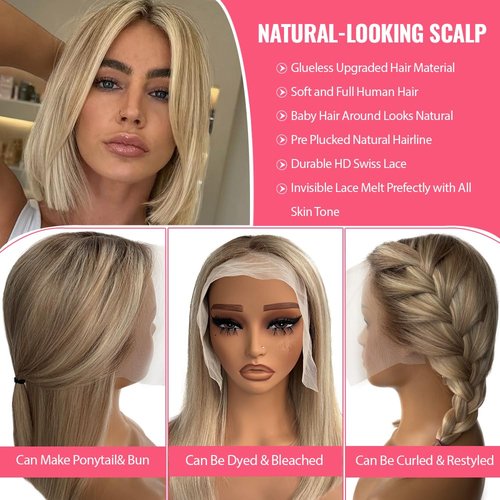 Smartinnov Blonde Balayage Human Hair Bob Wig 13x4 Lace Front HD Transparent Short Blunt Cut Bob Wigs 8 Inch Ash Brown to Bleached Blonde Highlight Pre Plucked with Baby Hair for Women