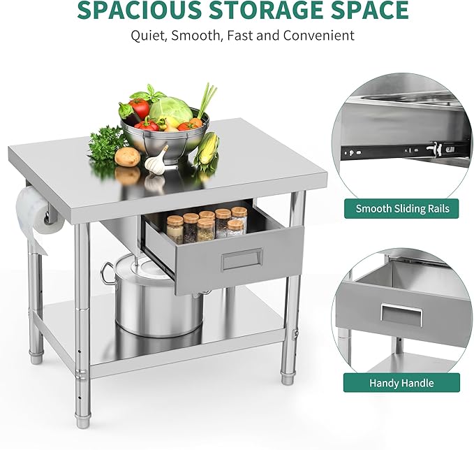 YITAHOME 36" × 24" Stainless Steel Table with Paper Towel Holder and Drawer, NSF Work Table with Drawer, Metal Table Prep Table for Home Kitchen Restaurant Garage Warehouse