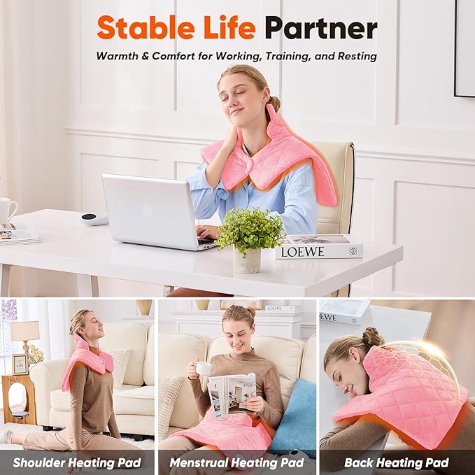 Pink Weighted Heating Pad for Neck Shoulders and Back, Valentines Day Gifts for Her Women Girlfriends, Birthday Gifts for Teen Girls Women, Electric Heated Blanket with 9 Heat Options 4 Auto-Off Timer