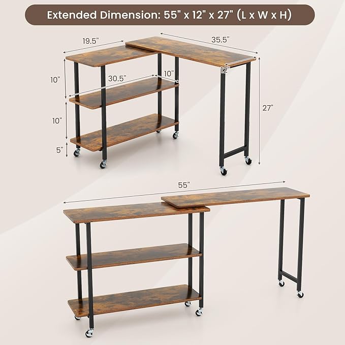 Giantex 360° Free Rotating Sofa Side Table, Mobile L-Shaped Laptop Desk with Sturdy Metal Frame, 6 Universal Casters, Movable Couch Snack Table with 2-Tier Storage Shelf for Home (Brown)