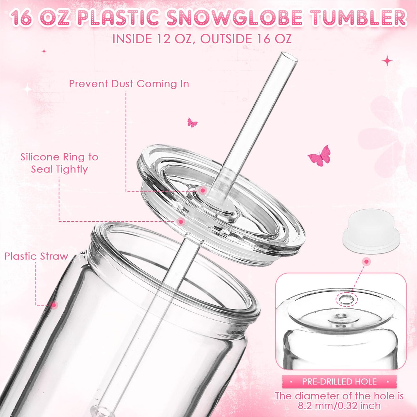 Teenyyou 6 Pack Plastic Snow Globe Tumbler 16 Oz Pre Drilled Double Wall Clear Cups with Lid and Straw Squeeze Bottle Funnel Tweezer Bent Syringe for Glitter Snow Globe DIY Cup Making Supplies