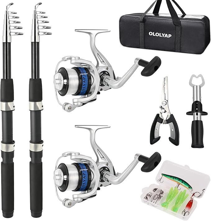 OLOLYAP Fishing Pole Combo Set 6.9ft 2PCS Telescopic Fishing Rod and Reel Combo with Fishing Pliers and Lip Gripper Collap...
