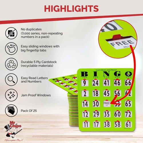 MR CHIPS Complete Bingo Game with 25 Jam Proof Easy Read Shutter Cards