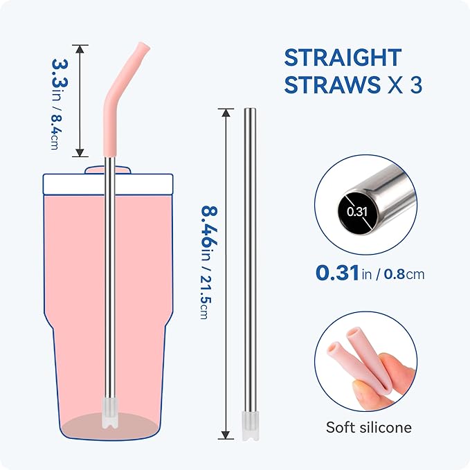 Reusable Metal Straws with Silicone Tip for Stanley 20oz,Stainless Steel Drinking Straws for 20oz Tumbler,3 Straight Tubes & 6 Tips& 1 Cleanr Brush(Rose Quartz)