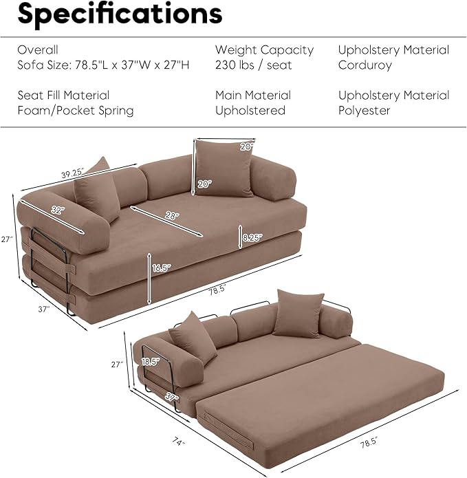 ZEIINPA Convertible Folding Mattress Couch, Comfy Corduroy Sleeper Floor Sofa Bed with Fixed-Shape Frame, Floor Sofa with Armrest, Lounge Couch for Living Room Bedroom Lounge Studio,Brown
