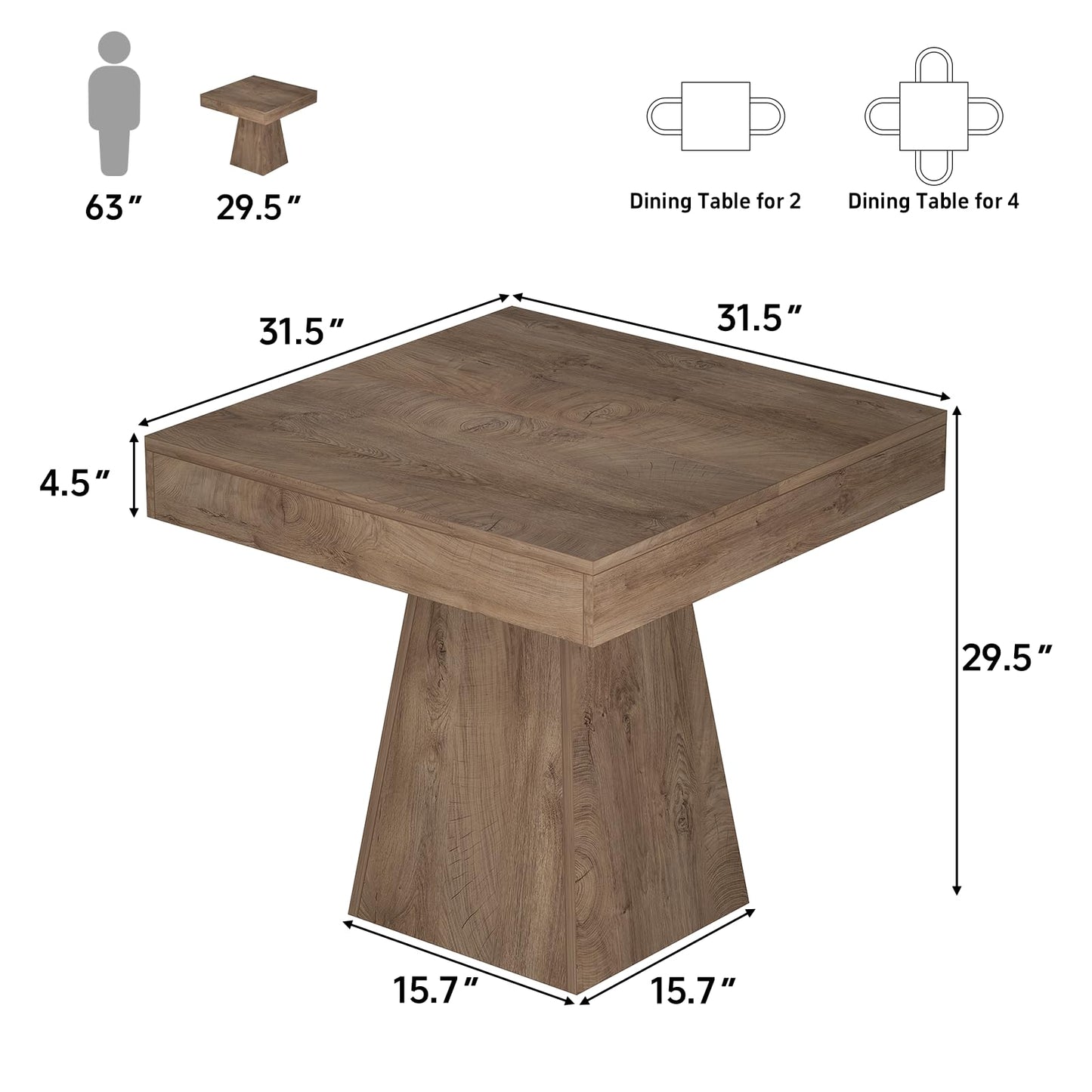 MILEFA Square Dining Table, 31.5-inch Dinner Table for 2-4 People, Kitchen Table with Load-Bearing Trapezoidal Base, for Home, Dining Room, Small Space, Brown