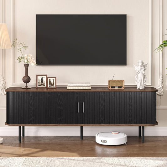 63" Modern Fluted TV Stand for TVs up to 75 Inch , Gaming Entertainment Center with Tambour Slatted Sliding Doors and Storage Cabinet, Media TV Consoles Table for Living Room, Office, Black