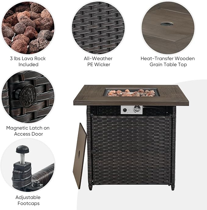 Belord 5 Pieces Patio Wicker Furniture Set - 4 Outdoor Swivel Rocker Glider Chairs with Propane Fire Pit Table, Warm Patio Conversation Set Grey Cushion Perfect for Casual Gathering