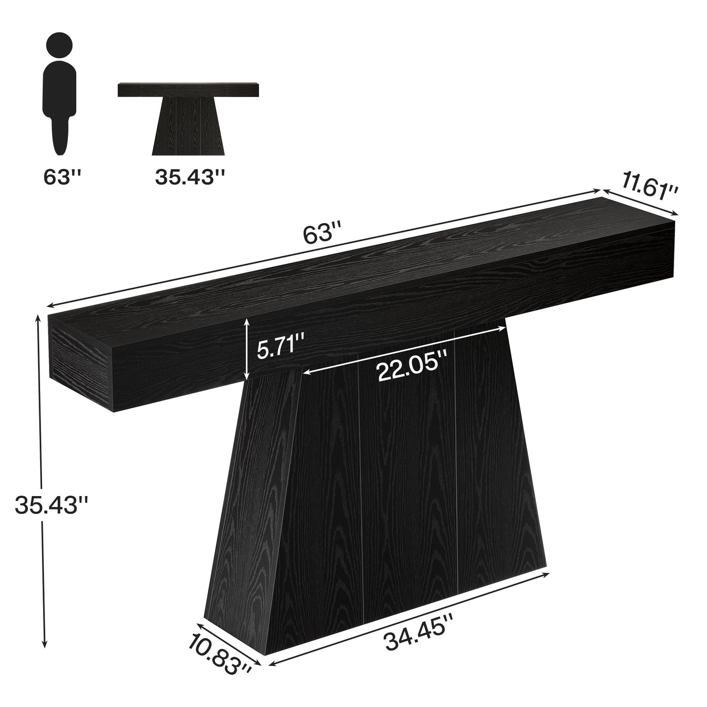Tribesigns 63" Black Console Table, Farmhouse Entryway Table with Trapezoidal Base, Narrow Long Sofa Table Behind Couch Table for Entrance, Hallway, Living Room, Black