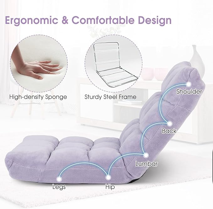 MAT EXPERT 14-Position Floor Chair, Floor Gaming Chair w/Soft Coral Fleece, Alloy Steel Frame, Padded Lazy Couch Recliner, Floor Chair w/Back Support for Reading, Meditating (Light Purple)