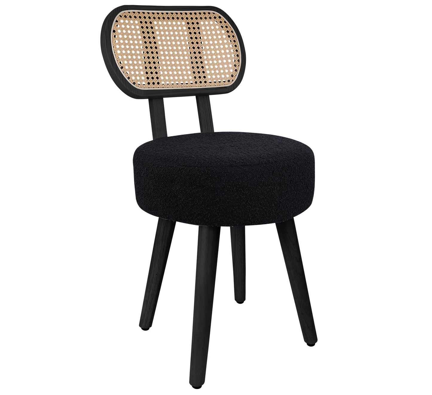 ZYBT Rattan Boho Makeup Vanity Chair for Makeup Room, Small Dining Chair, Mid Century Modern Boucle Chair, Black Cane Dining Chairs, Upholstered Wood Accent Chair, Cute Sherpa Chair with Back, 1 Pc