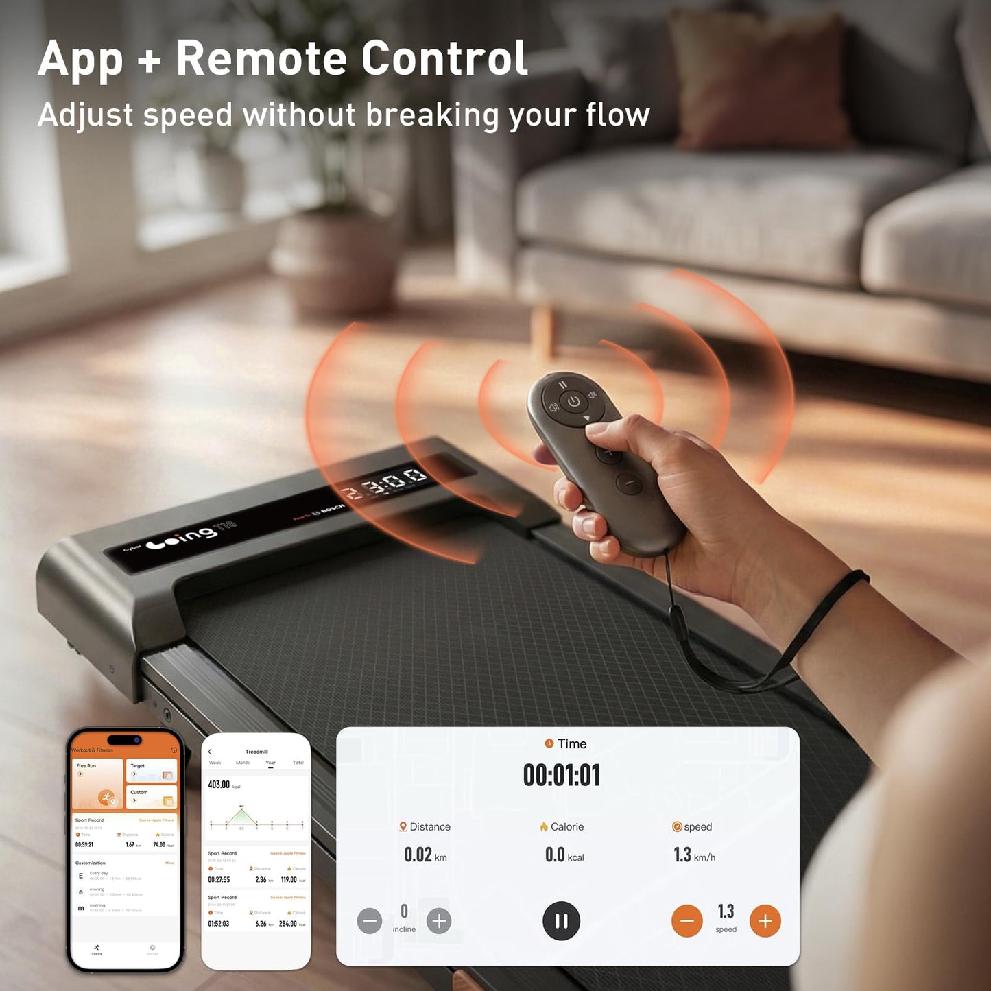 Cybergoing T10 Walking Pad Treadmill with Bosch® Motor, Under Desk Treadmill, Fixed 7% Manual Incline, Up to 4 MPH, 2.5HP, 300lb Capacity, App + Remote, 15"x36" Belt, Treadmills for Home