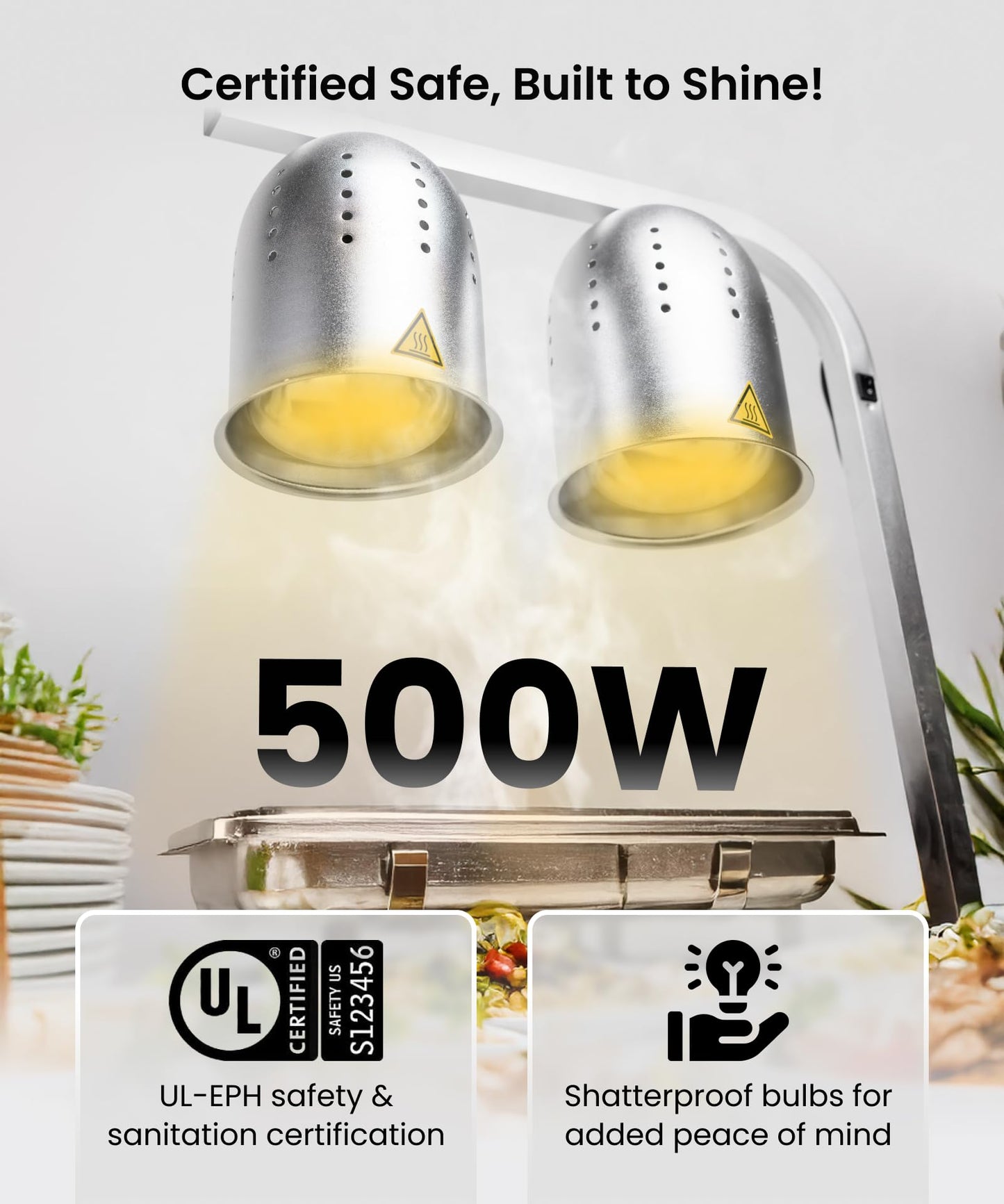 SYBO Commercial Grade Food Heat Lamp, Electric 2-Bulb Heating Lamp Warmer for Food with Adjustable Stand, 500W, Silver