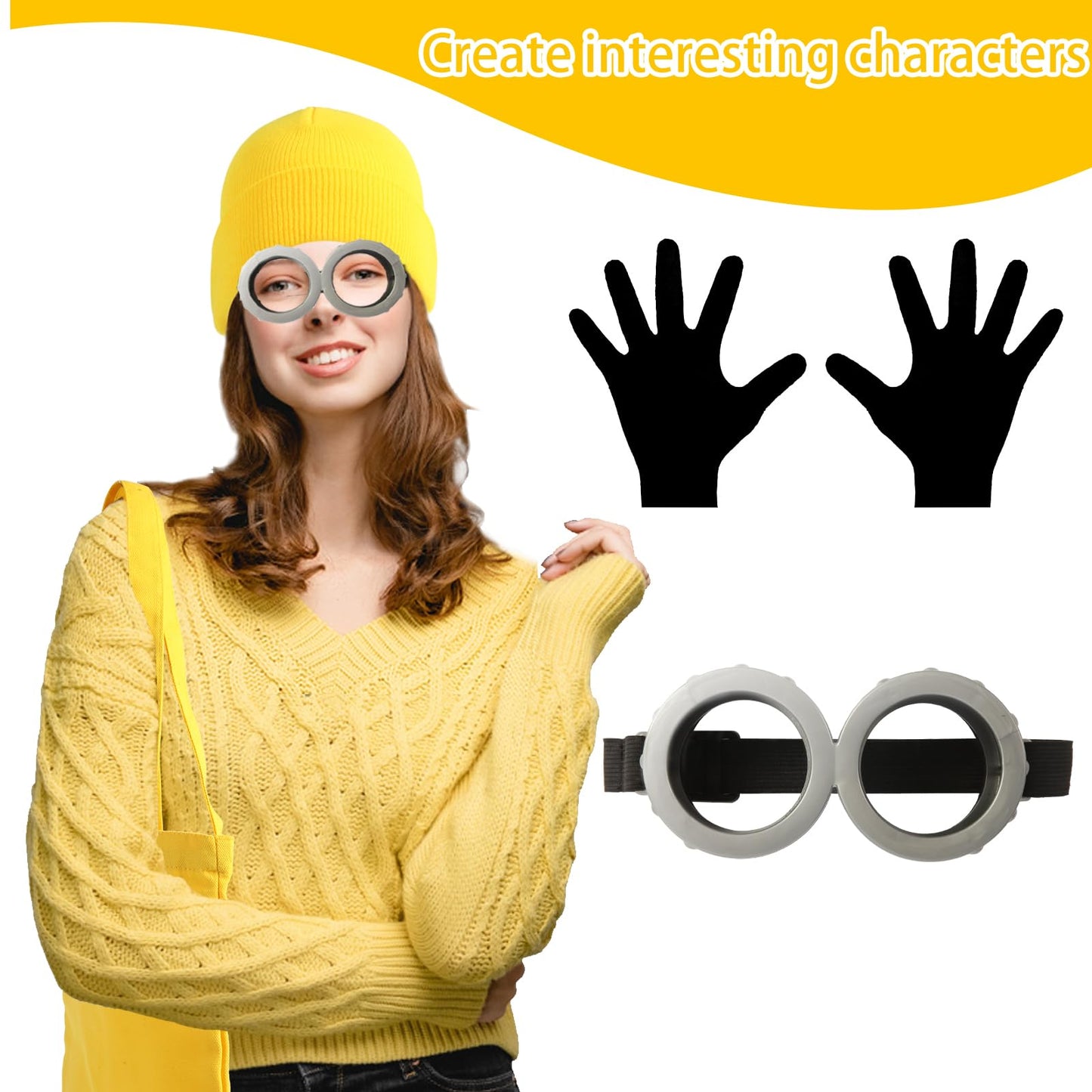 ZFZ 4 Pcs Minion Costume Accessories Set for Adult Yellow Beanie Hat/Steampunk Goggles Glasses/Gloves/Yellow Bag Costumes Party