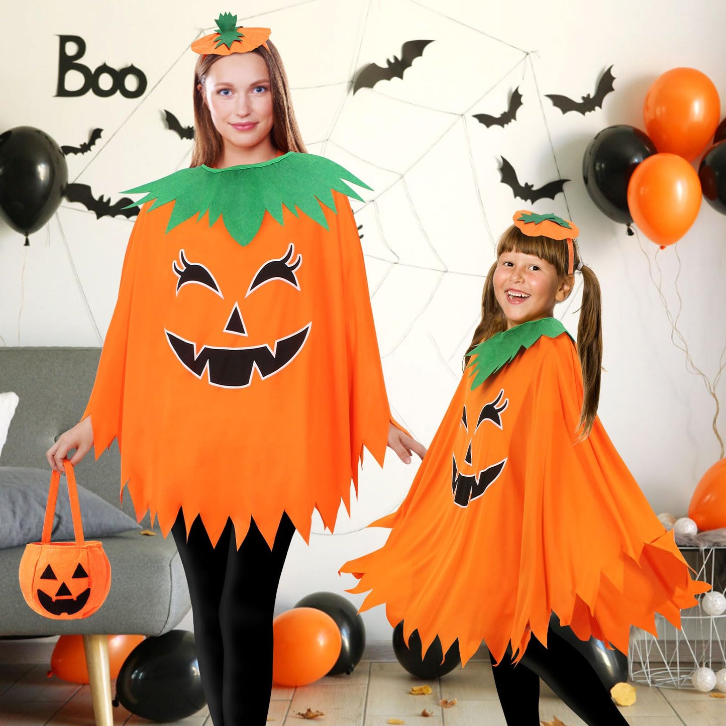 Snwquik 3 Pcs Pumpkin Costume for Adult,Glow in the Dark Pumpkin Costume Women with Headband/Bag,Pumpkins Halloween Costume Dress Up