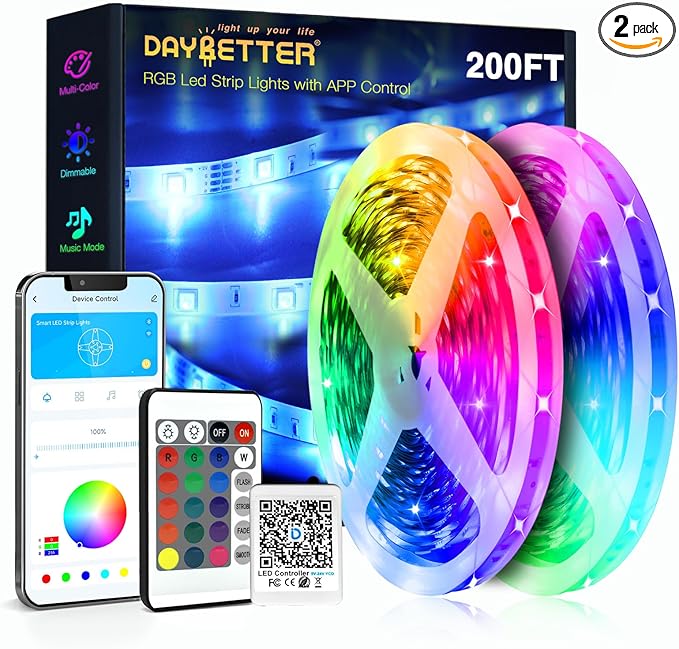 DAYBETTER Led Strip Lights 200 ft (2 Rolls of 100 ft) Ultra Long Smart Light Strips with App Voice Control Remote, RGB Mus...