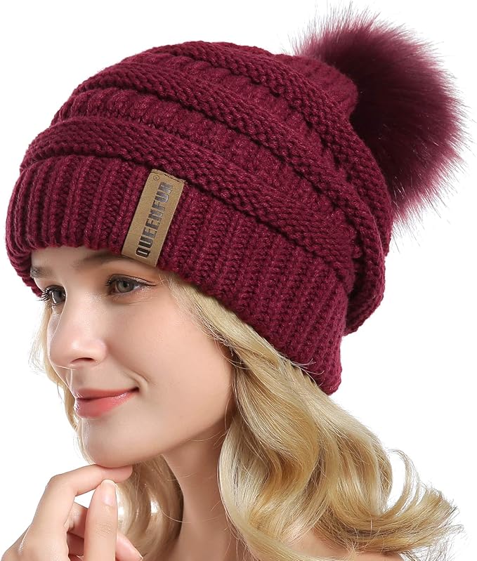 QUEENFUR Women Knit Slouchy Beanie Chunky Baggy Hat with Faux Fur Pompom Winter Soft Warm Ski Cap