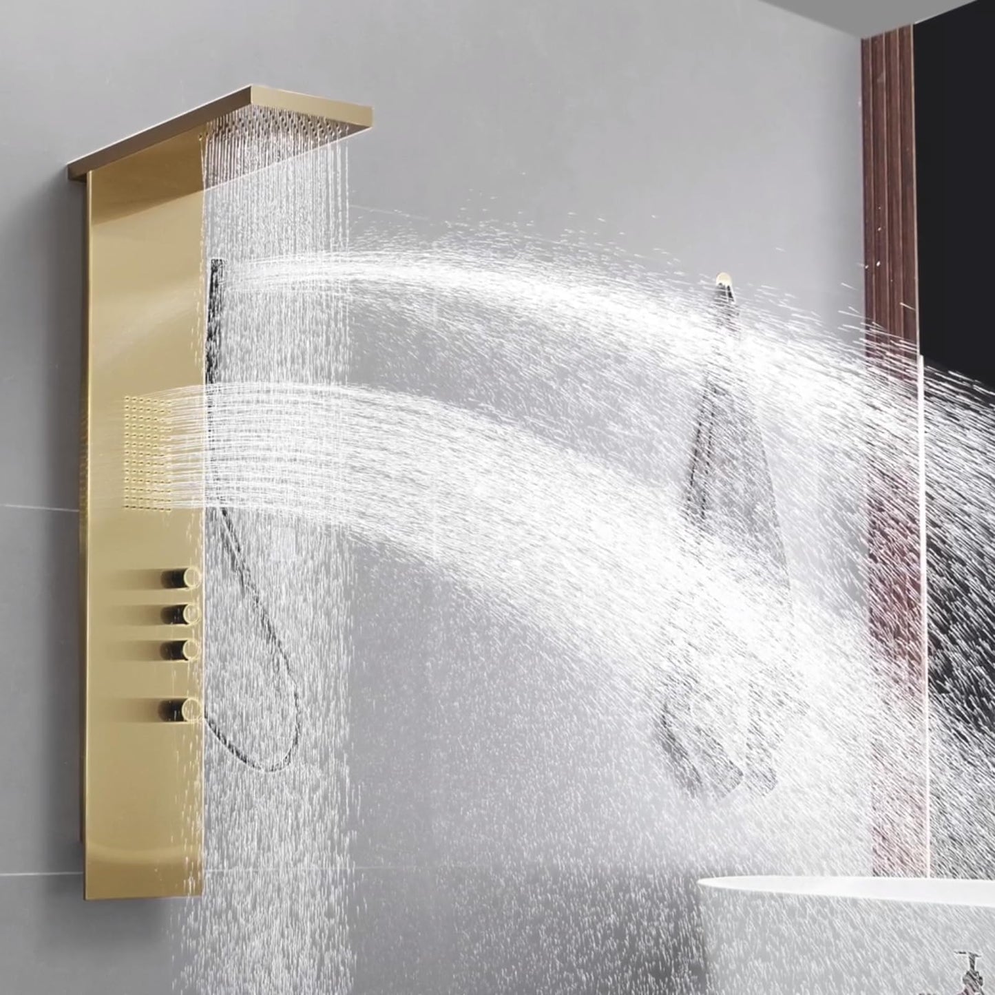 Greenspring Shower Tower Bathroom Shower Panel System with Rainfall Shower Head Hand Shower and Large Area Body Spray, Stainless Steel Multi-Function Shower Fixtures, Brushed Gold
