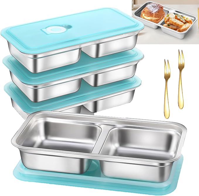 Antenat Reusable Stainless Steel Snack Containers with Lids (4PCS) –Double Compartment, Leak-Proof Food Containers with 2 ...