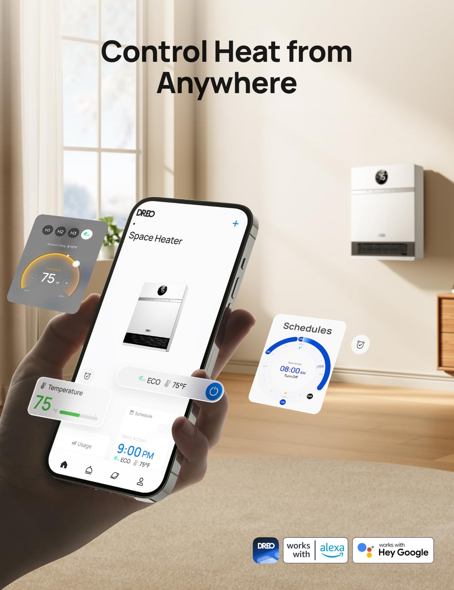 Dreo Smart Wall Heater, Ip24 Electric Ptc Space Heaters For Indoor Use, 30 Oscillation, Adjustable Thermostat, Remote Control, W