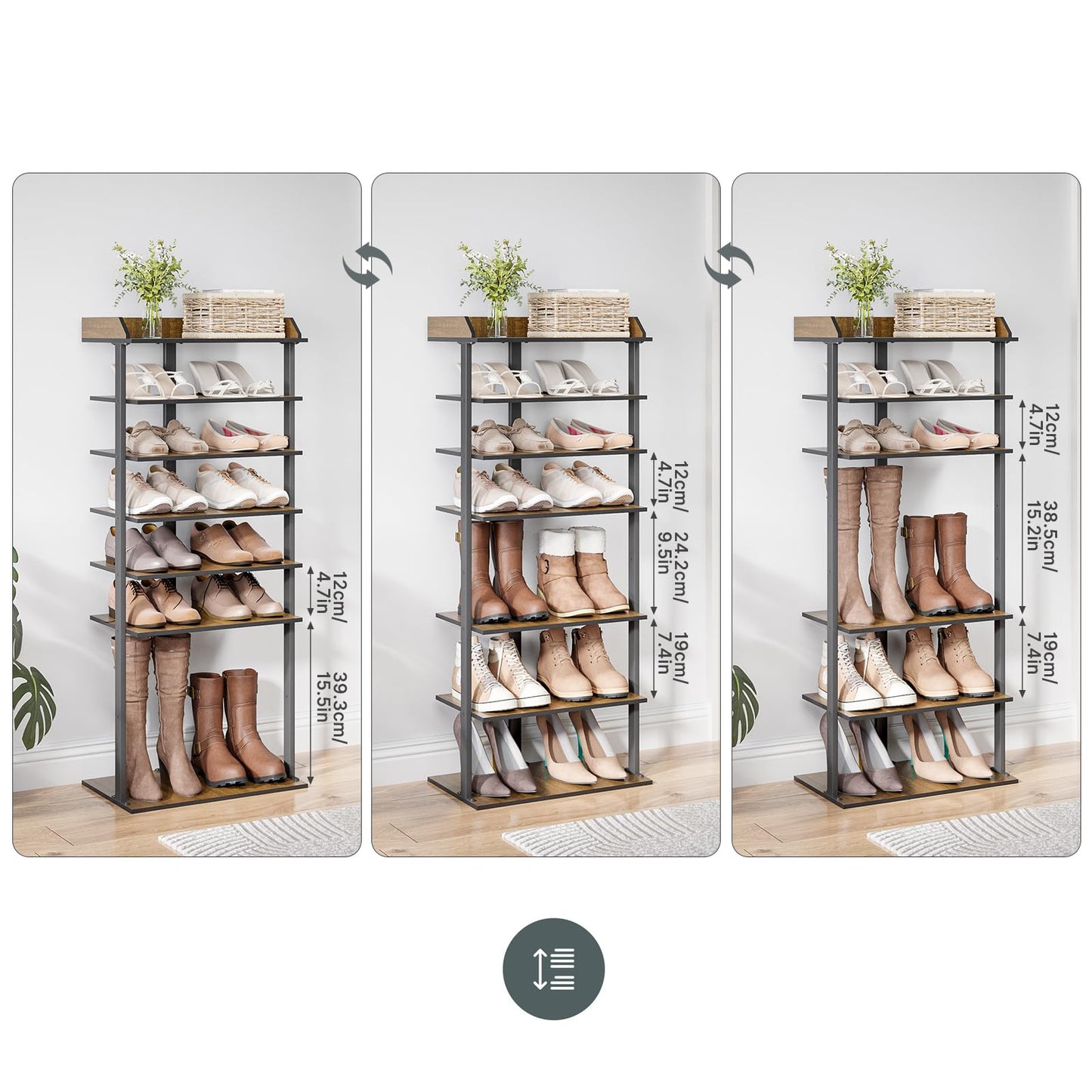Mondeer Free Standing Shoe Rack, 8 Tier Narrow Tall Organizer Shelf for 8 Pairs in Small Space Entryway Hallway, Industrial Style Wooden Metal (Rustic Brown) (11" D x 18.5" W x 44.5" H)