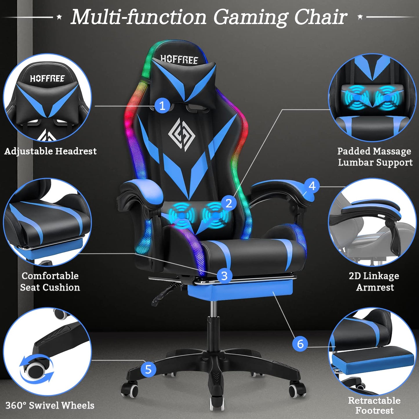 RGB Gaming Chair with Massage and LED Lights Ergonomic Video Game Chairs with Footrest High Back Reclining Computer Chair with Adjustable Lumbar Support Blue and Black