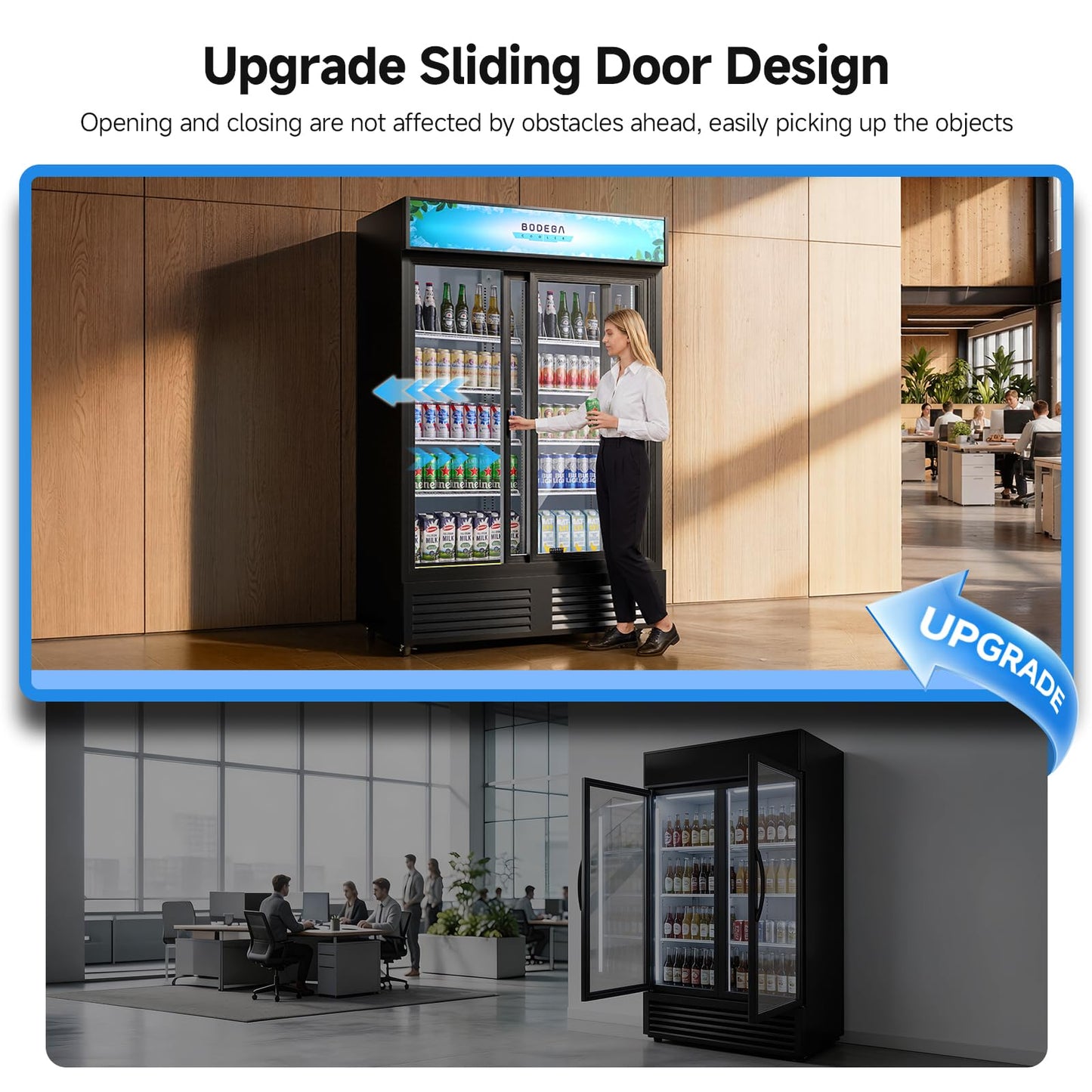 BODEGACOOLER Commercial Merchandiser Refrigerator, Upgrade Automatic Rebound Sliding Door Display Cooler, 2 Glass Door Display Drink Cooler with LED Light, Adjustable Shelves,Castors for Store,Office