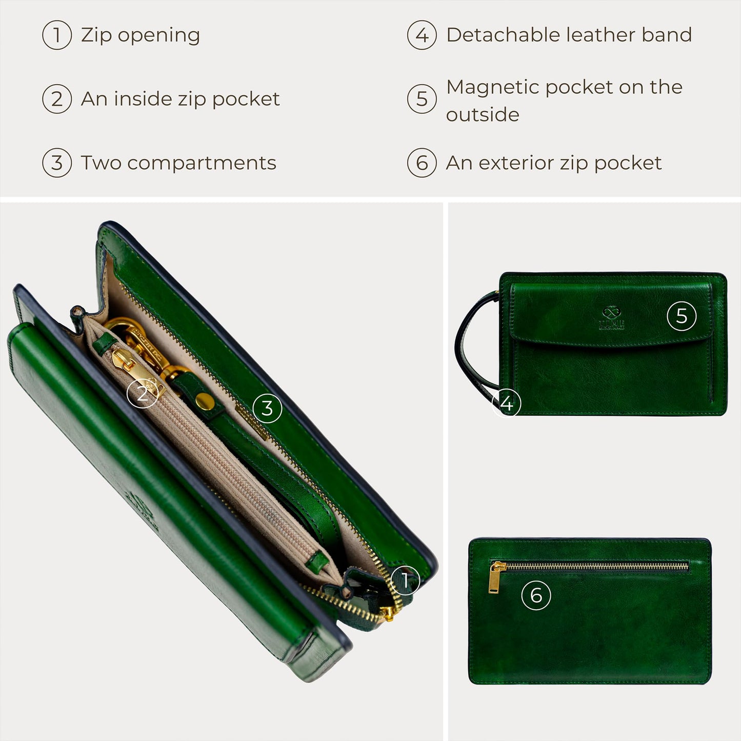 Time Resistance Leather Clutch for Men - Organizer Wrist Bag Briefcase - Handmade in Italy (Green) - Gift Box Included