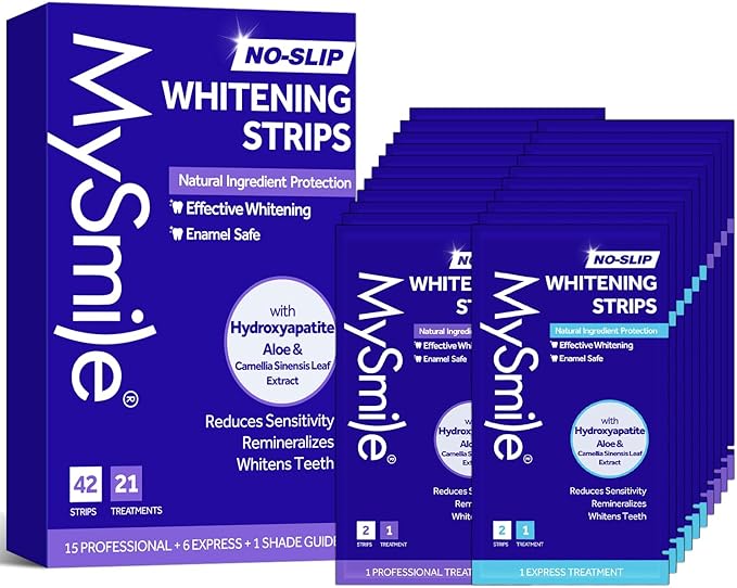 MySmile Teeth Whitening Strips, Hydroxyapatite-Infuse White Strips, Non-Sensitive Teeth Whitening with Soothing Natural Ingredients, Enamel-Safe, Residue-Free, Non-Slip, 21 Treatments Kit