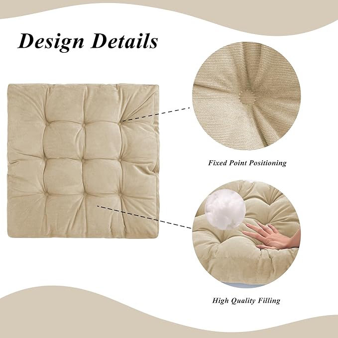 FlyGulls Meditation Floor Pillow 22×22 Inch 2 Pack Large Floor Cushions for Adults Square Tufted Corduroy Floor Pillows for Yoga Living Tatami Room Beige