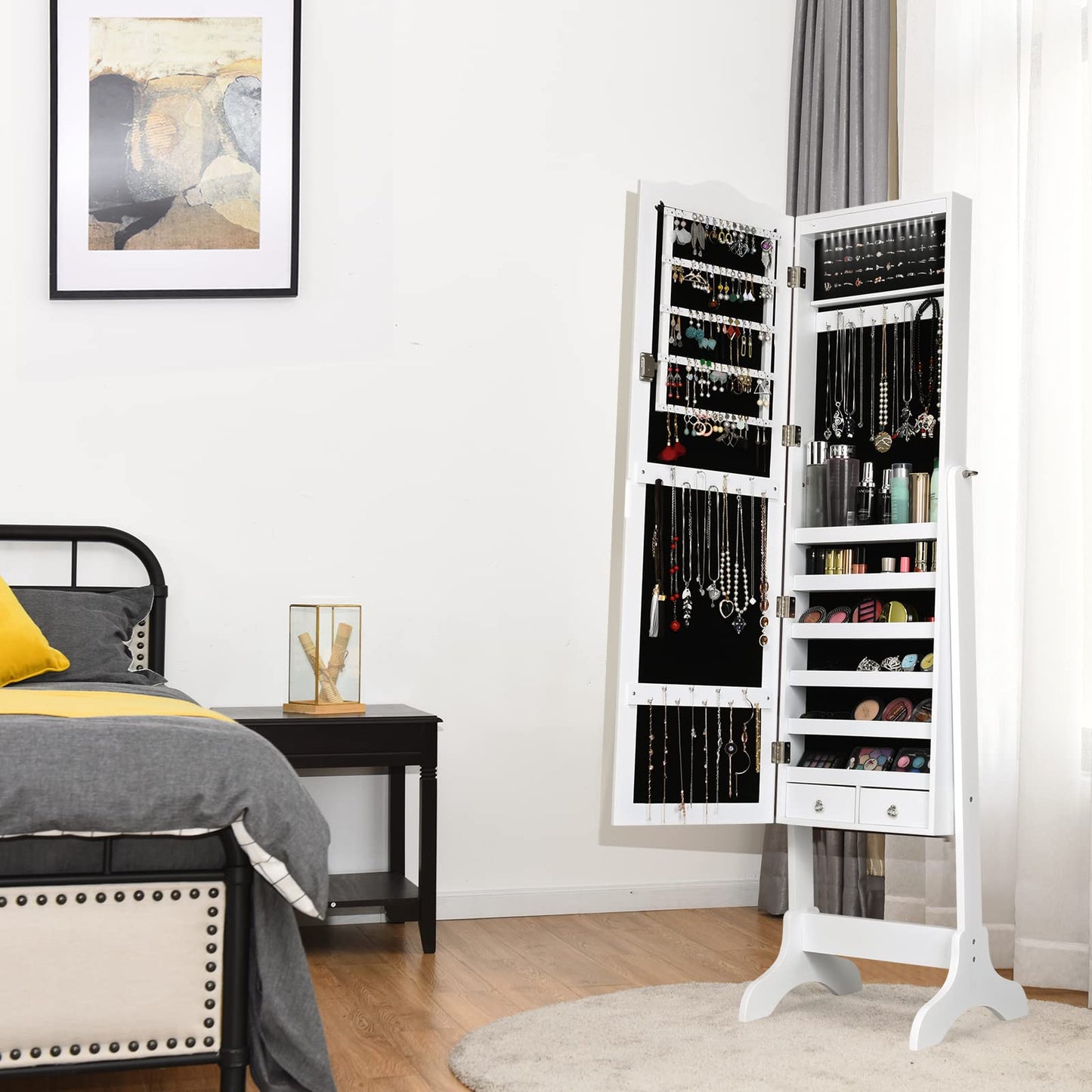 NAFORT Jewelry Armoire, Mirror with Jewelry Storage, 14 LED Lights Jewelry Organizer, Standing Lockable Jewelry Cabinet with Full Length Mirror, Jewelry Organizer with 2 Drawers, White