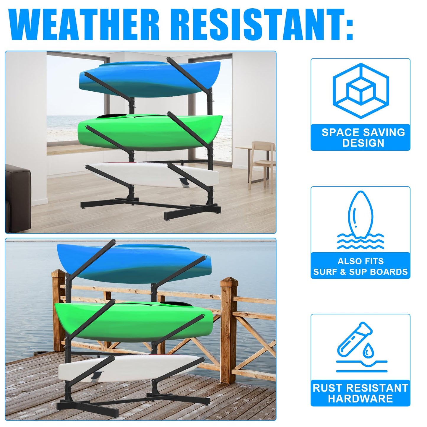 Kayak Storage Rack with Paddle Hooks, SUP Outdoor Storage Rack Heavy Duty Adjustable Weatherproof Freestanding Racks for Garage, Storage Rack for Kayak, Canoe, Surfboard (3 Levels for 3 Kayaks)