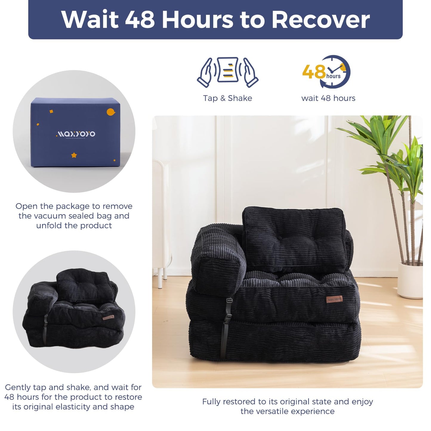 MAXYOYO Folding Sofa Bed, L-Shaped Convertible Sofa with Armrest Foldable Sleeper Bed with Pillow, Portable Fold Out Chair Comfy Floor Lounge for Living Room Bedroom, Black