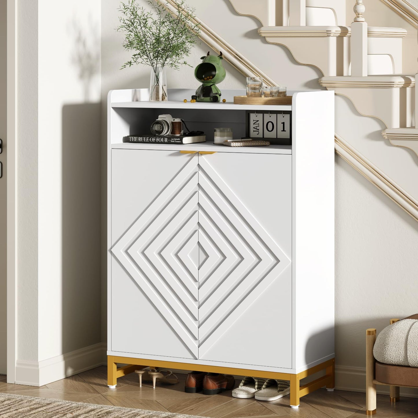 ONBRILL Shoes Cabinet for Entryway,6-Tier Shoe Storage Cabinet with Hombus Line Doors and Adjustable Shelves, Wooden Shoes Rack Modern Shoe Storage Organizer for Hallway, Living Room, White & Gold