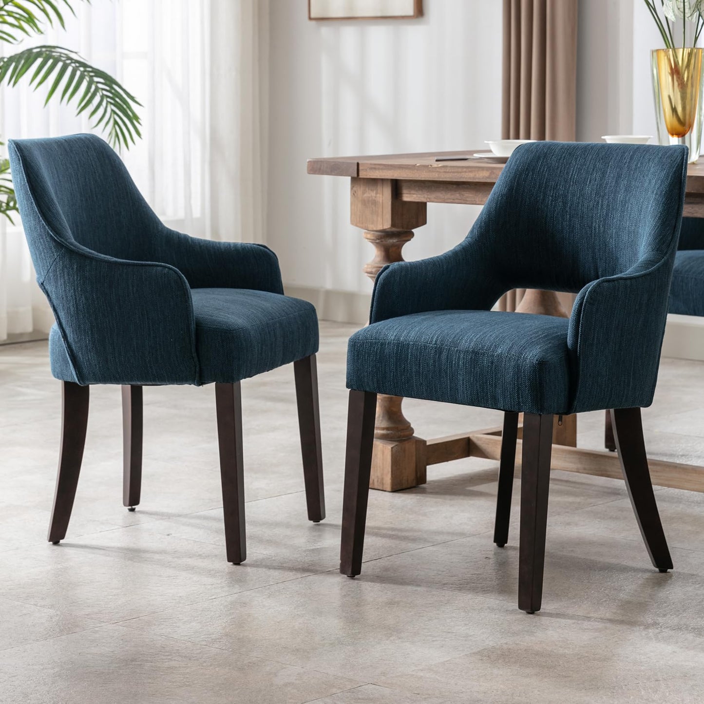 Kmax Linen Fabric Dining Chairs Set of 2 Upholstered Side Chairs Farmhouse Accent Chairs with Open Back Wood Legs for Dining Room Guest Room Restaurant, Blue(Wider Seats)