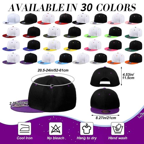 Hicarer 30 Pcs Hats for Men, Flat Cap Bulk Plain Flat Brim Baseball Caps(Plain Colors, Solid Style)