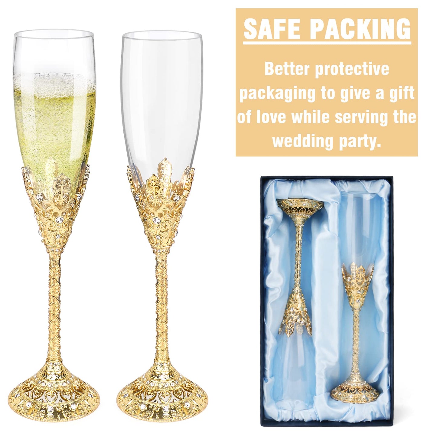 Jozen Gift Champagne Flutes-Set of 2 Champagne glasses, Crystal Glasses&Metal Base, Toasting Flute Pair, Wedding Anniversary, Party,Birthday,Banquets,Gifts for Bride and Groom 6 oz-Gold