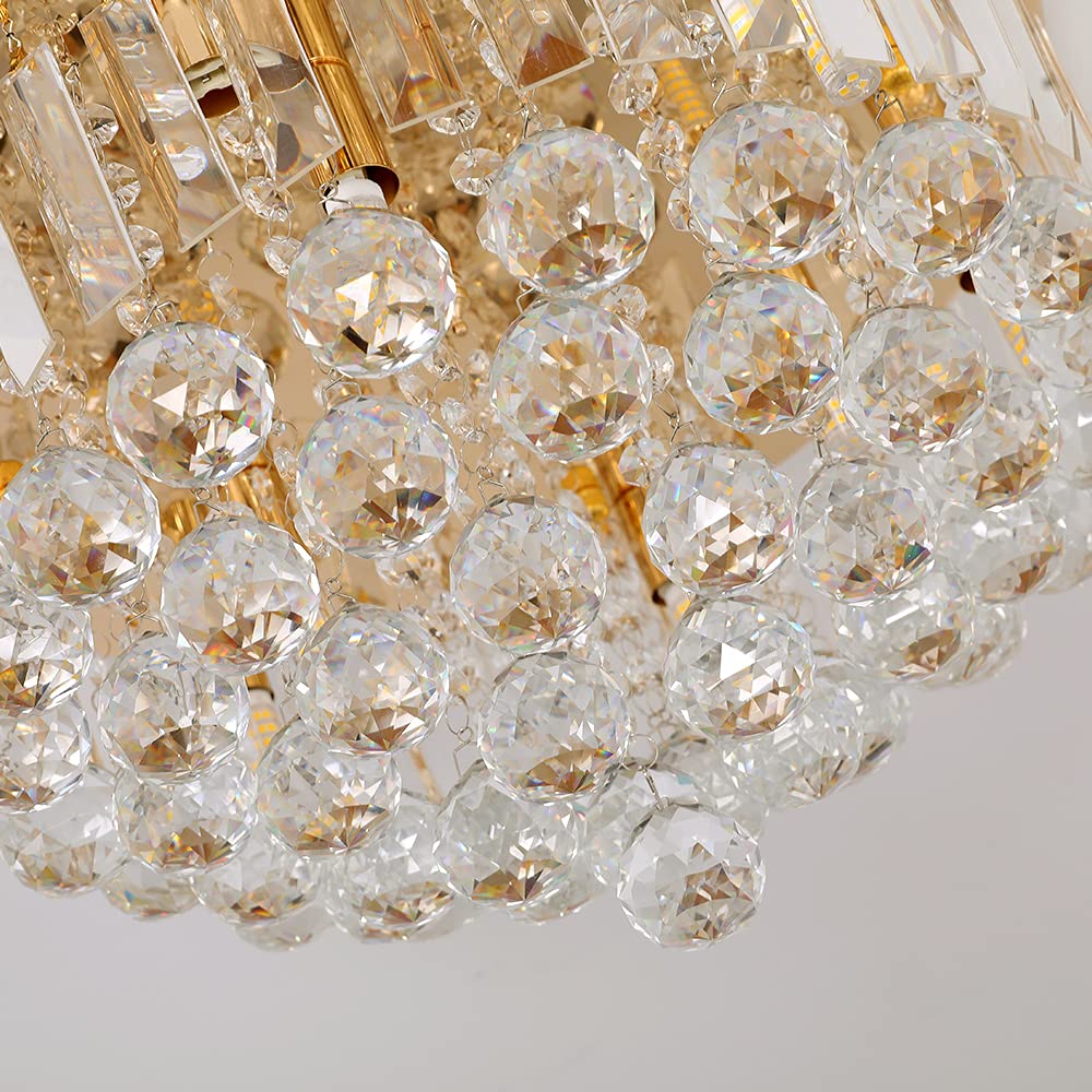 Gopmmy Mini Crystal Chandelier Ceiling Light,Flush Mount Modern Round K9 Crystal Raindrop Ceiling Lighting Fixture for Dining Room Bedroom Hallway Height 11''x Width 16''(French Gold)