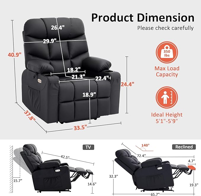 MCombo Power Lift Recliner Chair with Extended Footrest for Elderly People, Faux Leather 7287 (Black, Medium)