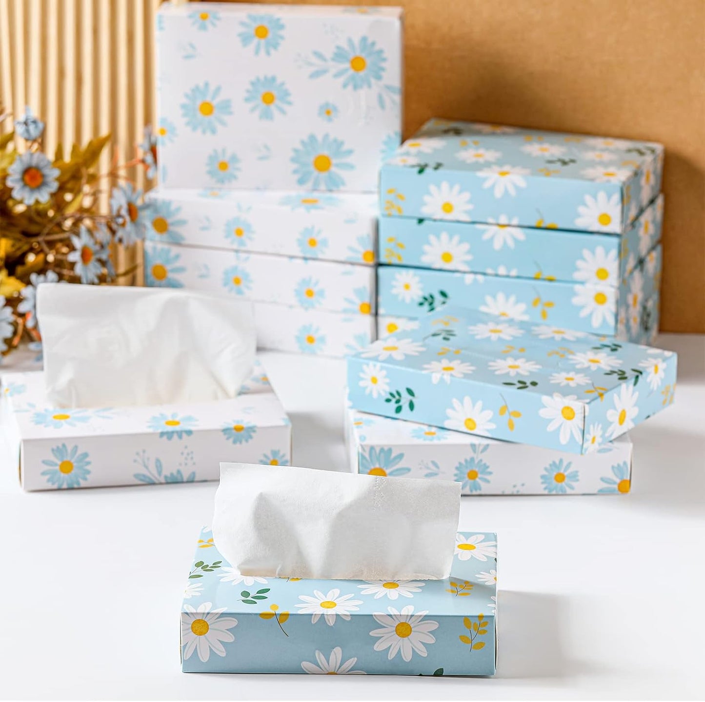 Yinder 24 Packs 960 Sheets Tissue Cube Car Facial Boxes Disposable Facial Travel Tissues Holder Soft Watercolor Boxes 2 Ply 40 Sheets for Wedding Household Car Kitchen Bathroom(Fresh Daisy)