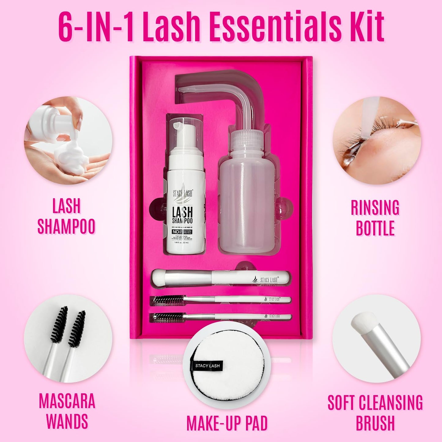 STACY LASH Lash Shampoo Kit Foaming Cleanser with Eye Lash Spoolies & Rinse Bottle & Cleansing Pad & Brush for Eyelash Extensions & Clusters & Natural Eyelashes