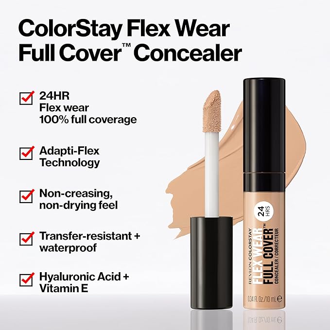 Revlon ColorStay Flex Wear, Full Cover Non-Creasing Concealer, Infused with Hyaluronic Acid & Vitamin E, Flexible Longwear, 060 Deep, 0.34 Fl Oz